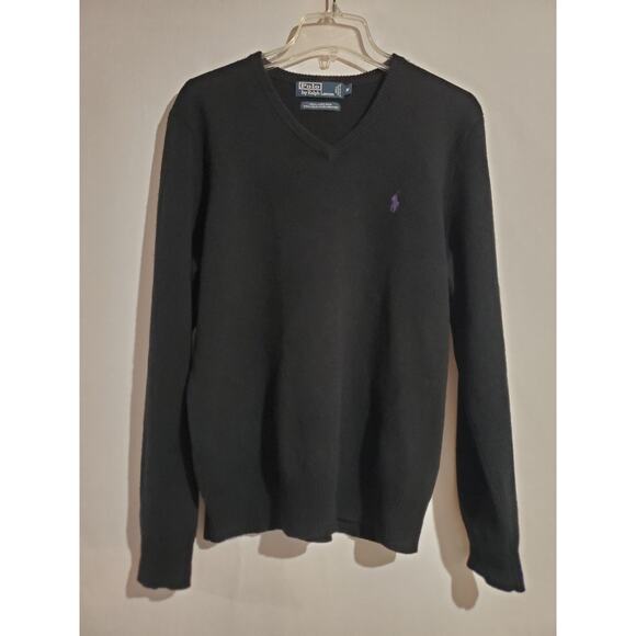 Vtg Polo Ralph Lauren Mens 100% Lambswool V-Neck Pony Pullover Sweater M Black - Picture 1 of 9